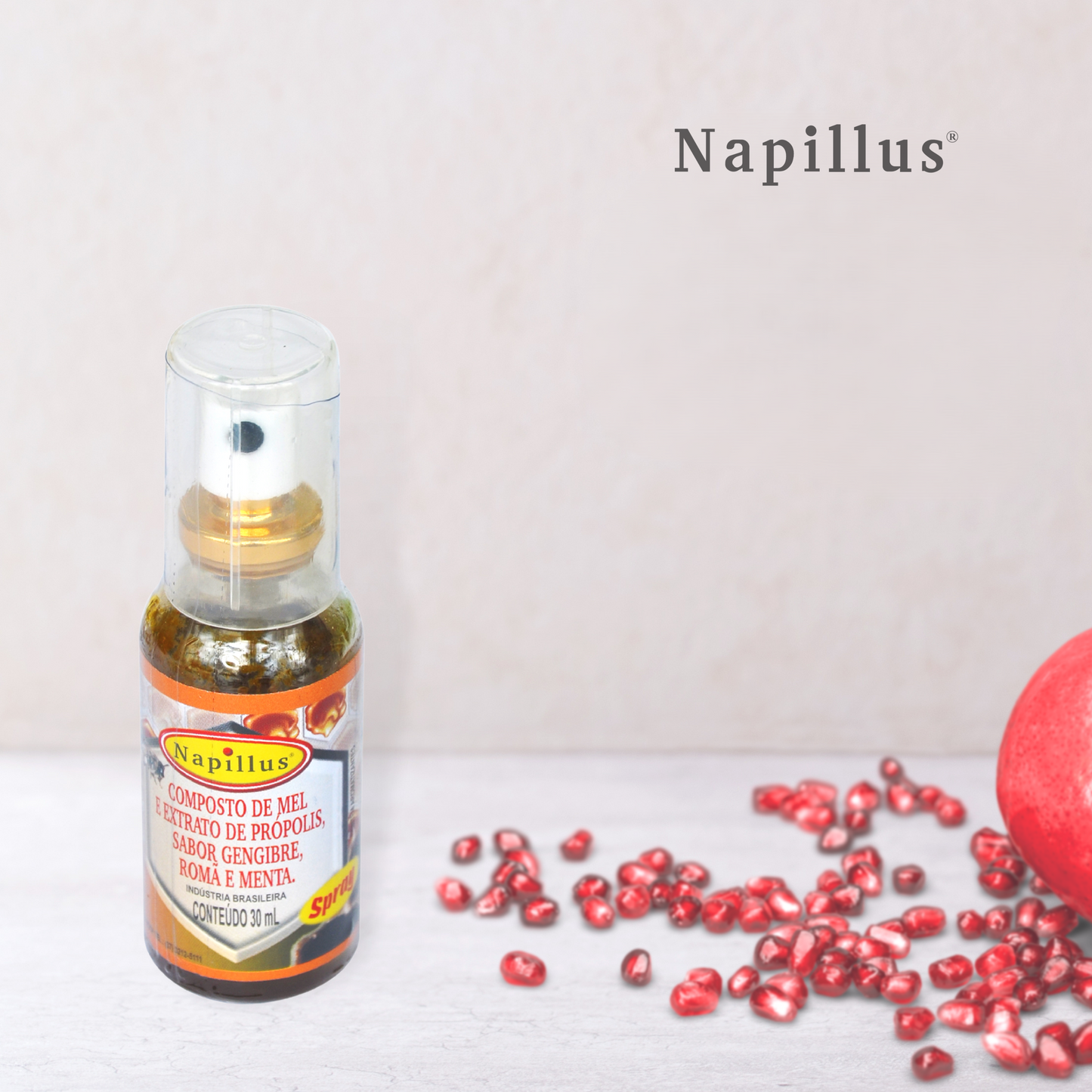 MEL DE NAPILLUS, ROMÃ, GENGIBRE, PRÓPOLIS E SPRAY DE HORTELÃ