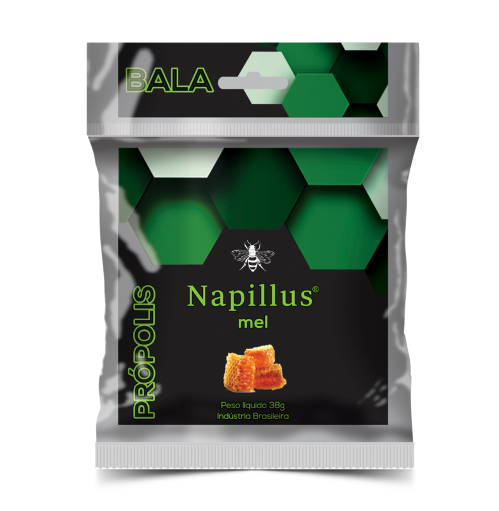 Packaging of NAPILLUS PROPOLIS AND HONEY DROPS, showing the product name and a picture of a bee, with a background pattern of green honeycomb design.