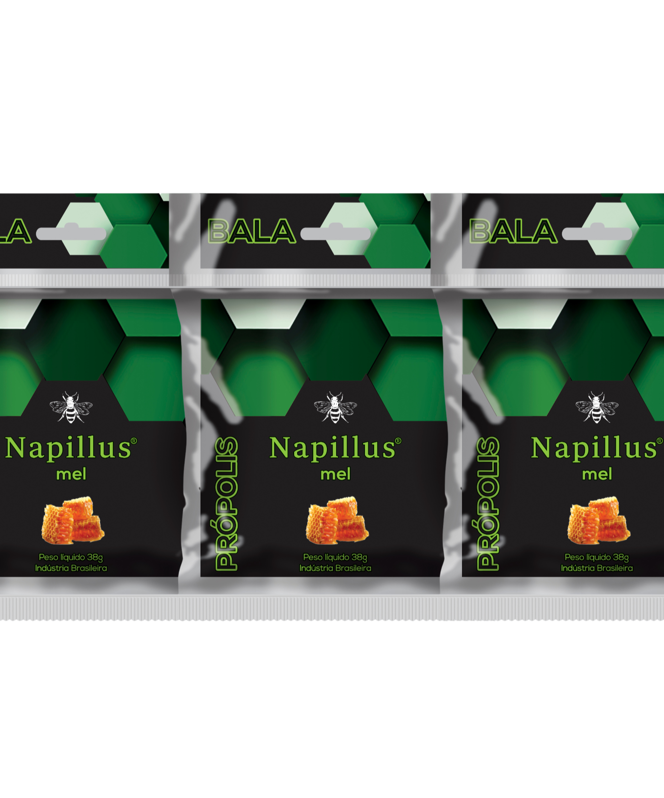 Three packages of Napillus mel on a white background