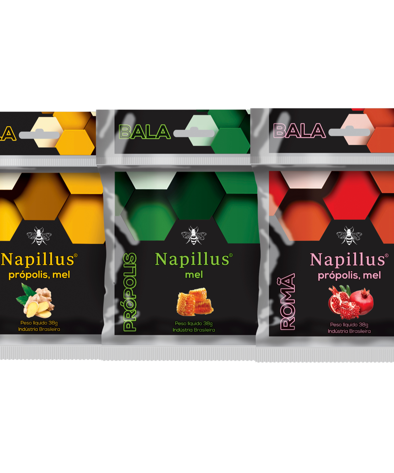 Three packages of Napillus products with different colored hexagonal designs on a white background.