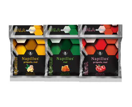 Three packages of Napillus products with different colored hexagonal designs on a white background.