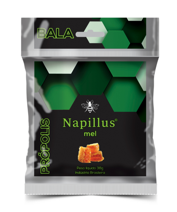 Packaging of NAPILLUS PROPOLIS AND HONEY DROPS, showing the product name and a picture of a bee, with a background pattern of green honeycomb design.