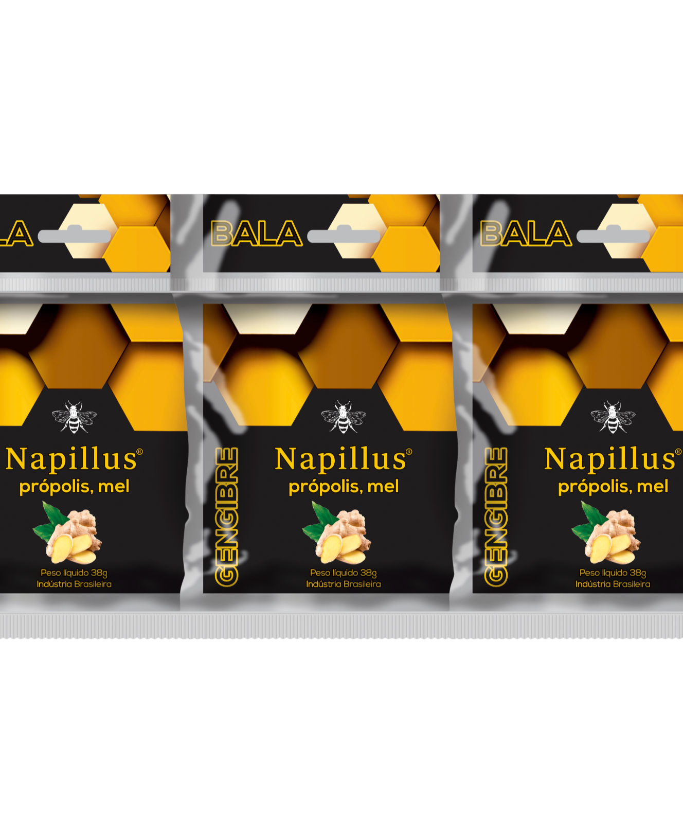 Packaging of Napillus products with a honeycomb design on a white background